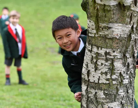 boy standing behind a tree