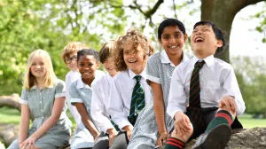 students sat on a tree branch